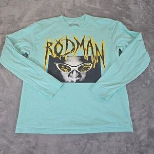 Rodman Brand Shirt Mens Large‎ Teal Worm Big Head Graphic Spellout Long Sleeve